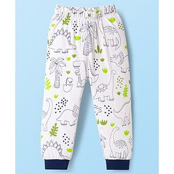 Babyhug Cotton Knit Full Sleeves Co-ord Night Suit With Dino Print - White
