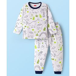Babyhug Cotton Knit Full Sleeves Co-ord Night Suit With Dino Print - White