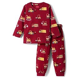 Babyhug Cotton Knit Full Sleeves Co-ord Night Suit With Vehicle Print - Brown