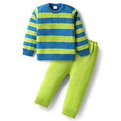 Babyhug Knit Full Sleeves Pullover Striped Sweater Set - Blue & Lime Green