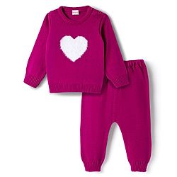 Babyhug Knit Full Sleeves Pullover Sweater Set with Heart Design - Pink