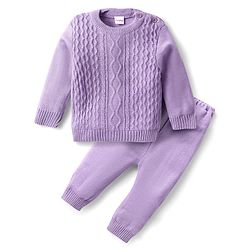 Babyhug Knit Full Sleeves Pullover Sweater Set with Cable Knit Design - Lavender