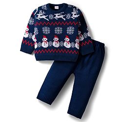 Babyhug Knit Full Sleeves Pullover Sweater Set with Snowman Design - Navy Blue
