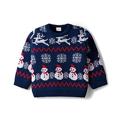 Babyhug Knit Full Sleeves Pullover Sweater Set with Snowman Design - Navy Blue