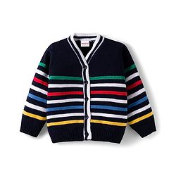 Babyhug Knit Full Sleeves Front Open Striped Sweater Set - Multicolor