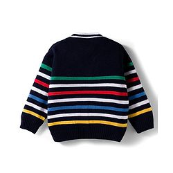 Babyhug Knit Full Sleeves Front Open Striped Sweater Set - Multicolor