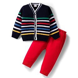 Babyhug Knit Full Sleeves Front Open Striped Sweater Set - Multicolor