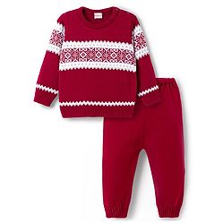 Babyhug Knit Full Sleeves Pullover Sweater Set with Aztec Design - Red