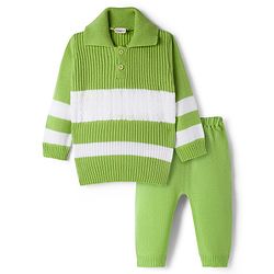 Babyhug Knit Full Sleeves Striped Sweater Set - Green