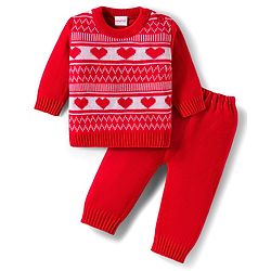 Babyhug Knitted Full Sleeves Sweater Set With Heart Design - Red