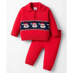 Babyhug Knit Full Sleeves Pullover Sweater Set with Santa Design - Red