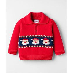 Babyhug Knit Full Sleeves Pullover Sweater Set with Santa Design - Red