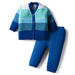 Babyhug Knit Full Sleeves Front Open Striped Sweater Set - Blue