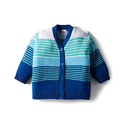 Babyhug Knit Full Sleeves Front Open Striped Sweater Set - Blue