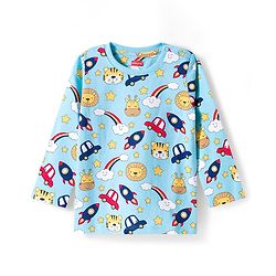 Babyhug Cotton Knit Full Sleeves Co-ords Night Suit with Space Theme Print - Light Blue