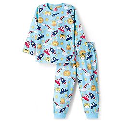Babyhug Cotton Knit Full Sleeves Co-ords Night Suit with Space Theme Print - Light Blue