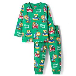 Babyhug Cotton Knit Full Sleeves Co-ords Night Suit with Animal Print - Green