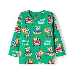 Babyhug Cotton Knit Full Sleeves Co-ords Night Suit with Animal Print - Green