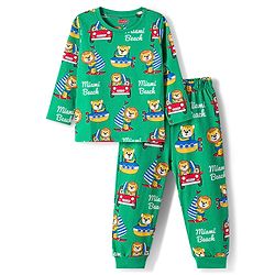 Babyhug Cotton Knit Full Sleeves Co-ords Night Suit with Animal Print - Green