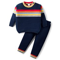 Babyhug Knit Full Sleeves Sweater Set With Stripes - Navy Blue