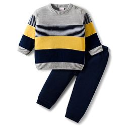 Babyhug Knit Full Sleeves Sweater Set With Stripes - Multicolour