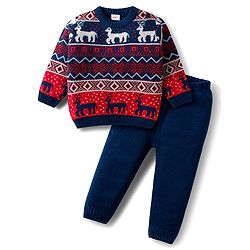 Babyhug Knit Full Sleeves Sweat Set With Animal Design - Navy Blue