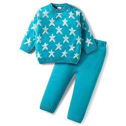 Babyhug Knit Full Sleeves Sweater Set With Star Design - Light Blue
