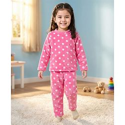 Babyhug Velour Knit Full Sleeves Co-ords Night Suit With Polka Dot Print - Pink