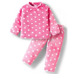 Babyhug Velour Knit Full Sleeves Co-ords Night Suit With Polka Dot Print - Pink