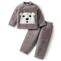 Babyhug Velour Knit Full Sleeves  Winter Wear Night Suit With Bear Embriodery - Grey