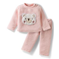 Babyhug Velour Knit Full Sleeves Winter Wear Night Suit With Teddy Bear Patch - Peach