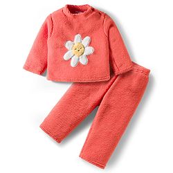 Babyhug Velour Knit Full Sleeves Winter Wear Night Suit With Floral Embroidery - Coral