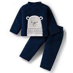 Babyhug Velour Knit Full Sleeves Winter Wear Night Suit With Animal Patch - Navy Blue
