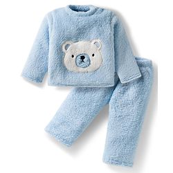 Babyhug Velour Knit Full Sleeves Winter Wear Night Suit With Teddy Bear Patch - Light Blue