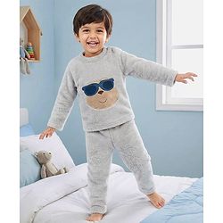 Babyhug Velour Knit Full Sleeves Winter Wear Night Suit With Smiley Face - Grey