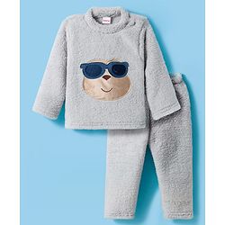 Babyhug Velour Knit Full Sleeves Winter Wear Night Suit With Smiley Face - Grey