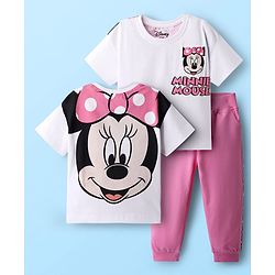 Babyhug Disney Single Jersey Knit Half Sleeves Oversized Drop Shoulder T-Shirt & Track Pant Set with Front and Back Minnie Mouse Graphic - White & Pink
