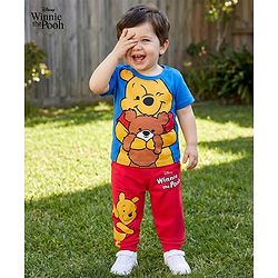 Babyhug Disney Single Jersey Knit Half Sleeves T-Shirt & Track Pant Set with Front and Back Winnie the Pooh Graphic - Blue & Red