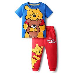 Babyhug Disney Single Jersey Knit Half Sleeves T-Shirt & Track Pant Set with Front and Back Winnie the Pooh Graphic - Blue & Red