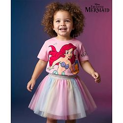 Babyhug Disney Single Jersey Knit Half Sleeves T-Shirt & Skirt Set with Ariel Graphic & Mesh Detailing - Multicolor