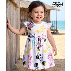 Babyhug Disney Single Jersey Knit Frill Sleeves Frock with Bloomer & Minnie Mouse Print - White