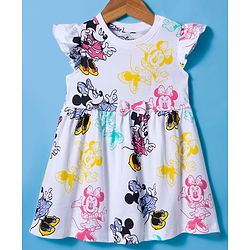 Babyhug Disney Single Jersey Knit Frill Sleeves Frock with Bloomer & Minnie Mouse Print - White