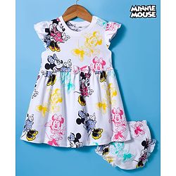 Babyhug Disney Single Jersey Knit Frill Sleeves Frock with Bloomer & Minnie Mouse Print - White