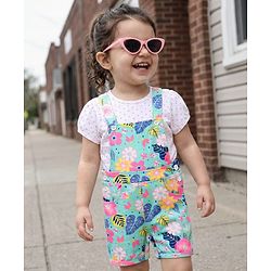 Babyhug Single Jersey Knit Half Sleeves Polka Dots & Floral Printed T-Shirt & Dungaree - White