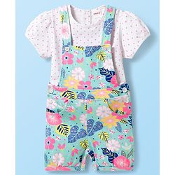 Babyhug Single Jersey Knit Half Sleeves Polka Dots & Floral Printed T-Shirt & Dungaree - White
