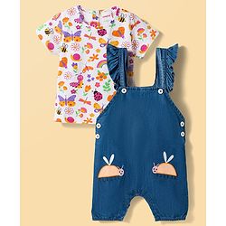 Babyhug Single Jersey Knit Half Sleeves T-Shirt & Dungaree Set with Jungle Theme Print & Embroidery - Multicolor