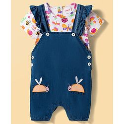Babyhug Single Jersey Knit Half Sleeves T-Shirt & Dungaree Set with Jungle Theme Print & Embroidery - Multicolor