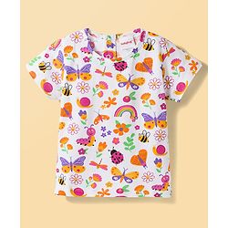 Babyhug Single Jersey Knit Half Sleeves T-Shirt & Dungaree Set with Jungle Theme Print & Embroidery - Multicolor