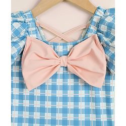 Babyhug Half Sleeves Checks Printed V Cut Swimsuit With Bow Applique - Blue