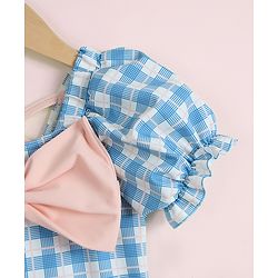 Babyhug Half Sleeves Checks Printed V Cut Swimsuit With Bow Applique - Blue
